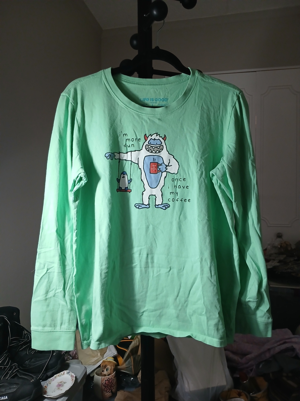 Life Is Good Mint Green Long Sleeve Tee with Yeti & Penguin Graphic
